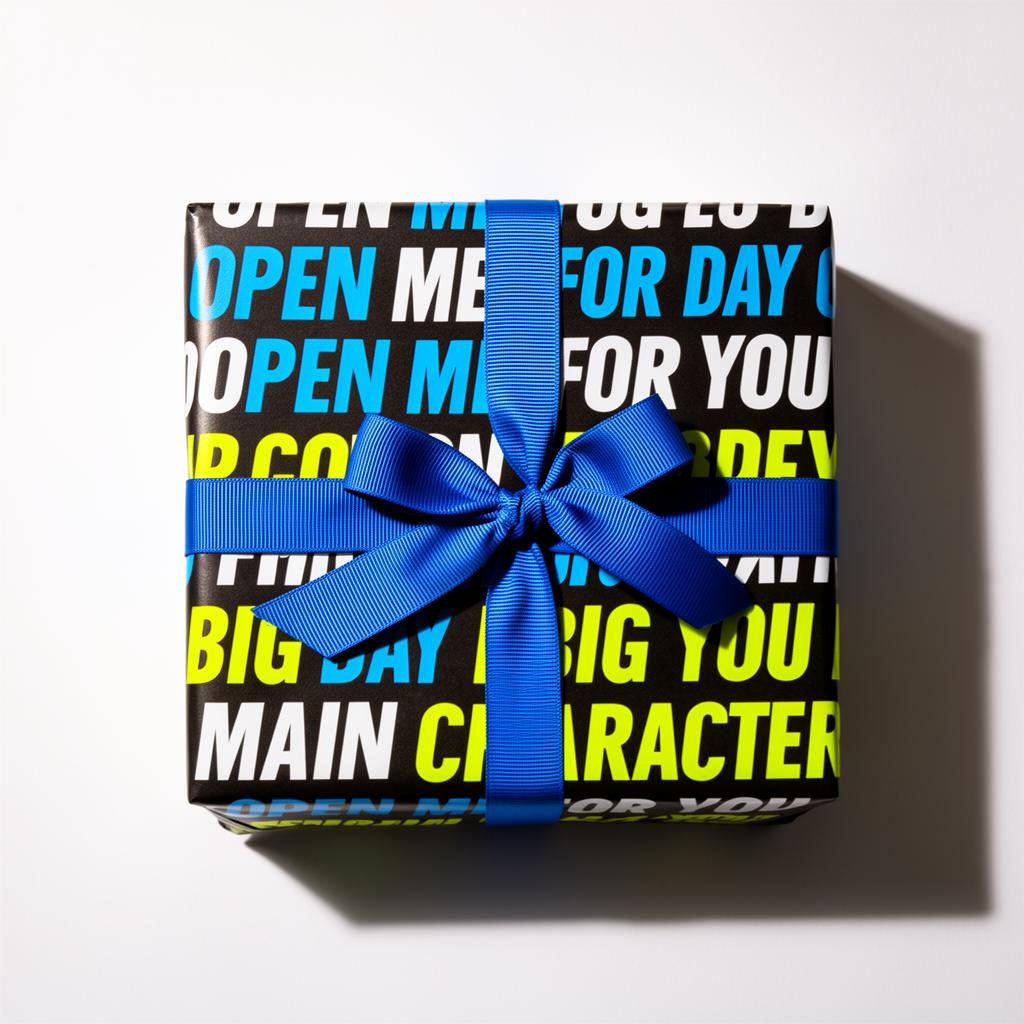 Wrapaganda Main Character wrapping paper — bold typographic gift wrap in black, white, electric blue, and acid yellow
